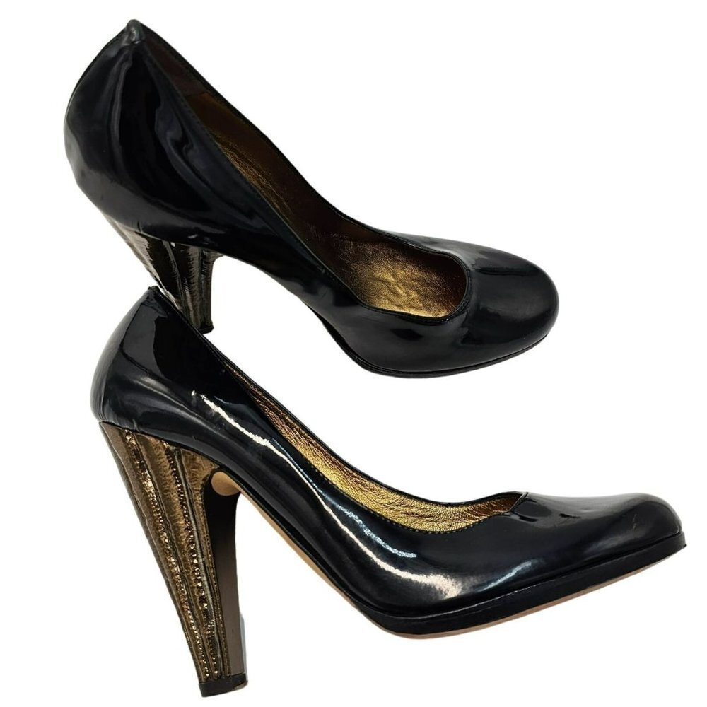 Guiseppe Zanotti Black Heels 7 Patent Leather Luxury Designer Gold Cone Heel 37 - Picture 2 of 16